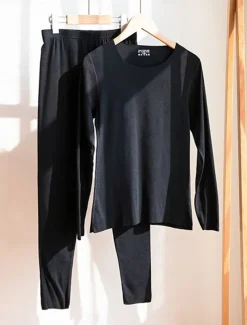 Women's Thermal Set Pure Color Warm Casual Comfort Home Daily Going out Warm Crew Neck Long Sleeve Pant Elastic Waist Fall Winter Home Outfits