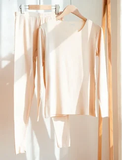 Women's Thermal Set Pure Color Warm Casual Comfort Home Daily Going out Warm Crew Neck Long Sleeve Pant Elastic Waist Fall Winter Home Outfits