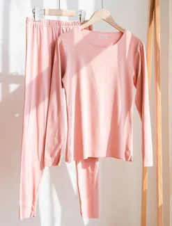 Women's Thermal Set Pure Color Warm Casual Comfort Home Daily Going out Warm Crew Neck Long Sleeve Pant Elastic Waist Fall Winter Home Outfits