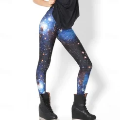 Women's Tights Leggings Black / White Green Blue Mid Waist Casual / Sporty Athleisure Weekend Yoga Print Stretchy Ankle-Length Comfort Galaxy One-Size / Skinny