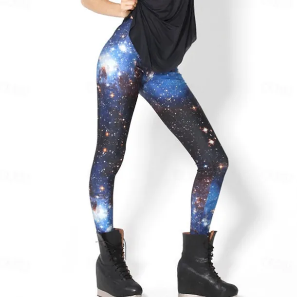 Women's Tights Leggings Black / White Green Blue Mid Waist Casual / Sporty Athleisure Weekend Yoga Print Stretchy Ankle-Length Comfort Galaxy One-Size / Skinny