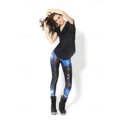 Women's Tights Leggings Black / White Green Blue Mid Waist Casual / Sporty Athleisure Weekend Yoga Print Stretchy Ankle-Length Comfort Galaxy One-Size / Skinny