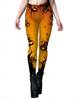 Women's Tights Leggings Punk Vintage Full Length High Waist Pumpkin Halloween Printing High Cut Comfort Quick Dry Breathable High Elasticity Vacation Party Holiday Black Yellow Red Orange Summer