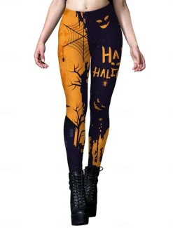 Women's Tights Leggings Punk Vintage Full Length High Waist Pumpkin Halloween Printing High Cut Comfort Quick Dry Breathable High Elasticity Vacation Party Holiday Black Yellow Red Orange Summer