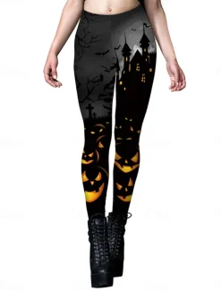 Women's Tights Leggings Punk Vintage Full Length High Waist Pumpkin Halloween Printing High Cut Comfort Quick Dry Breathable High Elasticity Vacation Party Holiday Black Yellow Red Orange Summer