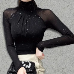 Women's Top Latin Dance Ballroom Dance Top Ruching Pure Color Splicing Women's Performance Training Long Sleeve Polyester