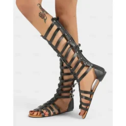 Women's Trendy Black Faux Leather Gladiator Sandals - Multiple Buckle Straps Design, Ideal for Summer Vacations, Street Style and Outdoor Gatherings