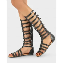 Women's Trendy Black Faux Leather Gladiator Sandals - Multiple Buckle Straps Design, Ideal for Summer Vacations, Street Style and Outdoor Gatherings