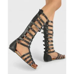 Women's Trendy Black Faux Leather Gladiator Sandals - Multiple Buckle Straps Design, Ideal for Summer Vacations, Street Style and Outdoor Gatherings