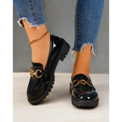 Women's Trendy Black Patent Leather Loafers with Chunky Sole and Metal Chain | Perfect for Casual and Dressy Occasions