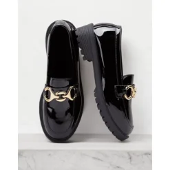 Women's Trendy Black Patent Leather Loafers with Chunky Sole and Metal Chain | Perfect for Casual and Dressy Occasions