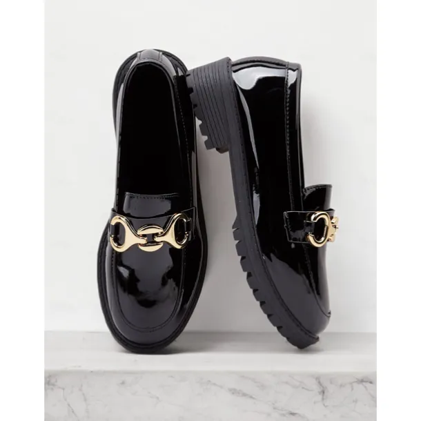 Women's Trendy Black Patent Leather Loafers with Chunky Sole and Metal Chain | Perfect for Casual and Dressy Occasions