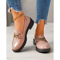 Women's Trendy Black Patent Leather Loafers with Chunky Sole and Metal Chain | Perfect for Casual and Dressy Occasions