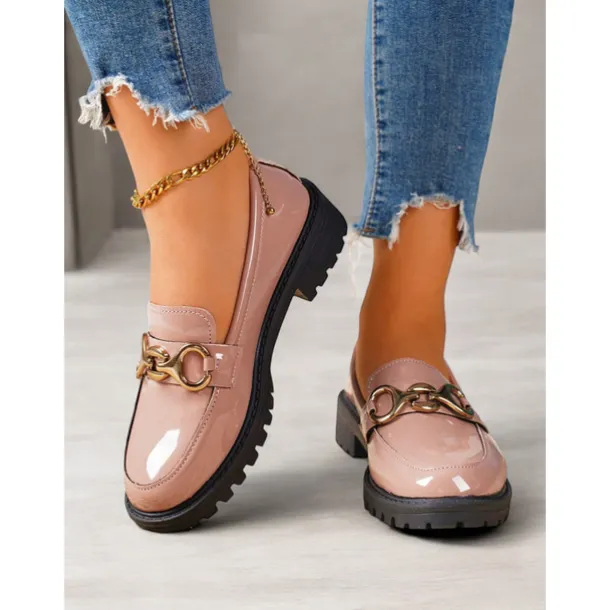 Women's Trendy Black Patent Leather Loafers with Chunky Sole and Metal Chain | Perfect for Casual and Dressy Occasions