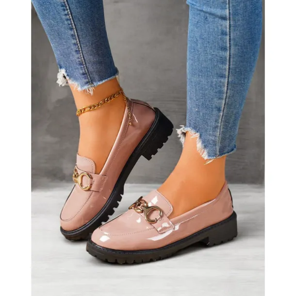 Women's Trendy Black Patent Leather Loafers with Chunky Sole and Metal Chain | Perfect for Casual and Dressy Occasions