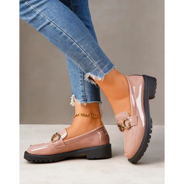 Women's Trendy Black Patent Leather Loafers with Chunky Sole and Metal Chain | Perfect for Casual and Dressy Occasions