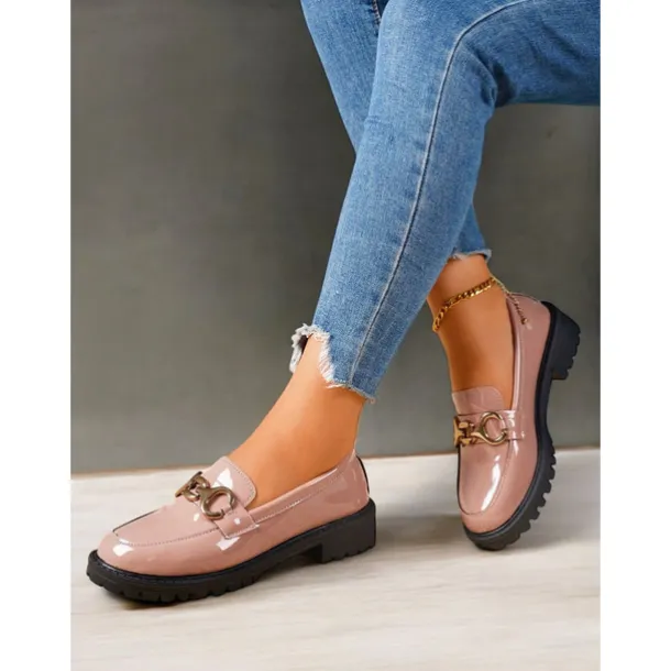 Women's Trendy Black Patent Leather Loafers with Chunky Sole and Metal Chain | Perfect for Casual and Dressy Occasions