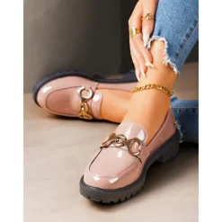 Women's Trendy Black Patent Leather Loafers with Chunky Sole and Metal Chain | Perfect for Casual and Dressy Occasions