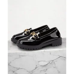 Women's Trendy Black Patent Leather Loafers with Chunky Sole and Metal Chain | Perfect for Casual and Dressy Occasions