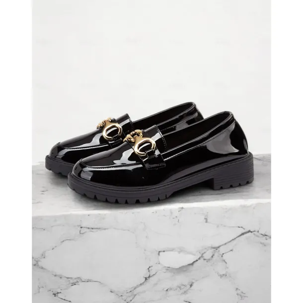 Women's Trendy Black Patent Leather Loafers with Chunky Sole and Metal Chain | Perfect for Casual and Dressy Occasions