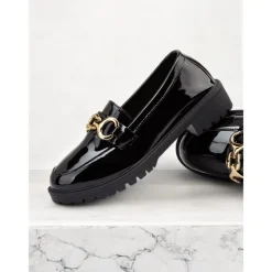 Women's Trendy Black Patent Leather Loafers with Chunky Sole and Metal Chain | Perfect for Casual and Dressy Occasions