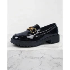 Women's Trendy Black Patent Leather Loafers with Chunky Sole and Metal Chain | Perfect for Casual and Dressy Occasions