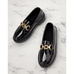 Women's Trendy Black Patent Leather Loafers with Chunky Sole and Metal Chain | Perfect for Casual and Dressy Occasions
