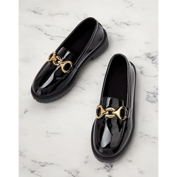 Women's Trendy Black Patent Leather Loafers with Chunky Sole and Metal Chain | Perfect for Casual and Dressy Occasions