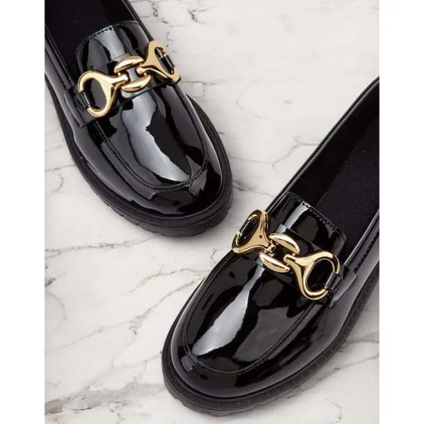 Women's Trendy Black Patent Leather Loafers with Chunky Sole and Metal Chain | Perfect for Casual and Dressy Occasions