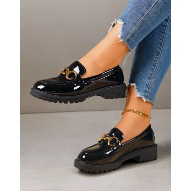 Women's Trendy Black Patent Leather Loafers with Chunky Sole and Metal Chain | Perfect for Casual and Dressy Occasions