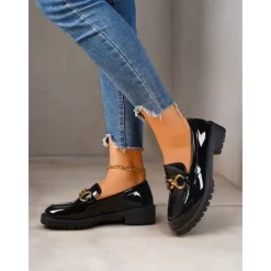 Women's Trendy Black Patent Leather Loafers with Chunky Sole and Metal Chain | Perfect for Casual and Dressy Occasions