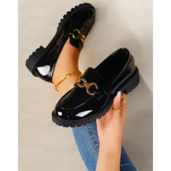 Women's Trendy Black Patent Leather Loafers with Chunky Sole and Metal Chain | Perfect for Casual and Dressy Occasions