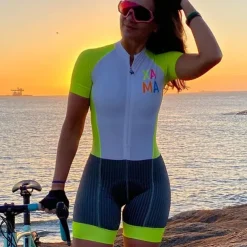 Women's Triathlon Tri Suit Short Sleeve Mountain Bike MTB Road Bike Cycling White Black Green Bike Clothing Suit Breathable Quick Dry Back Pocket Sweat wicking Polyester Sports Patterned Clothing