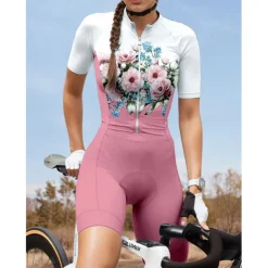 Women's Triathlon Tri Suit Short Sleeve Mountain Bike MTB Road Bike Cycling Pink Graphic Floral Botanical Bike Breathable Quick Dry Ultraviolet Resistant Spandex Sports Graphic Plants Floral Botanical