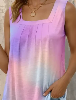 Women's Tunic Camisole Tank Top Graphic Gradient Stylish Casual Sleeveless Square Neck Regular Tops Daily Going out Weekend Print Rainbow Summer Spring