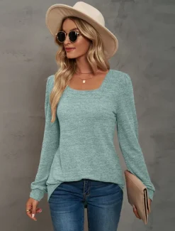 Women's Tunic Cotton Shirt Plain Bohemia Stylish Basic Long Sleeve Puff Sleeve Square Neck Regular Tops Daily Sports Going out Black Pink Purple Green Khaki Spring Fall