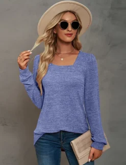 Women's Tunic Cotton Shirt Plain Bohemia Stylish Basic Long Sleeve Puff Sleeve Square Neck Regular Tops Daily Sports Going out Black Pink Purple Green Khaki Spring Fall