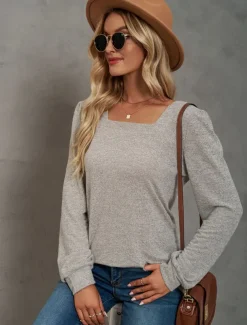Women's Tunic Cotton Shirt Plain Bohemia Stylish Basic Long Sleeve Puff Sleeve Square Neck Regular Tops Daily Sports Going out Black Pink Purple Green Khaki Spring Fall