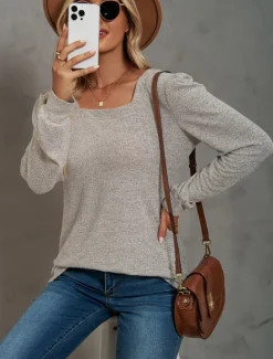 Women's Tunic Cotton Shirt Plain Bohemia Stylish Basic Long Sleeve Puff Sleeve Square Neck Regular Tops Daily Sports Going out Black Pink Purple Green Khaki Spring Fall