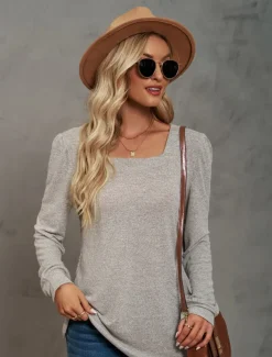 Women's Tunic Cotton Shirt Plain Bohemia Stylish Basic Long Sleeve Puff Sleeve Square Neck Regular Tops Daily Sports Going out Black Pink Purple Green Khaki Spring Fall