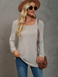 Women's Tunic Cotton Shirt Plain Bohemia Stylish Basic Long Sleeve Puff Sleeve Square Neck Regular Tops Daily Sports Going out Black Pink Purple Green Khaki Spring Fall