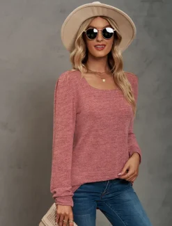 Women's Tunic Cotton Shirt Plain Bohemia Stylish Basic Long Sleeve Puff Sleeve Square Neck Regular Tops Daily Sports Going out Black Pink Purple Green Khaki Spring Fall