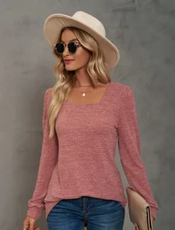 Women's Tunic Cotton Shirt Plain Bohemia Stylish Basic Long Sleeve Puff Sleeve Square Neck Regular Tops Daily Sports Going out Black Pink Purple Green Khaki Spring Fall