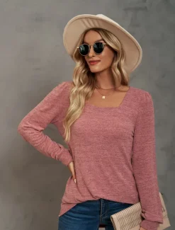 Women's Tunic Cotton Shirt Plain Bohemia Stylish Basic Long Sleeve Puff Sleeve Square Neck Regular Tops Daily Sports Going out Black Pink Purple Green Khaki Spring Fall