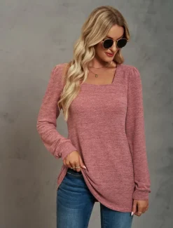 Women's Tunic Cotton Shirt Plain Bohemia Stylish Basic Long Sleeve Puff Sleeve Square Neck Regular Tops Daily Sports Going out Black Pink Purple Green Khaki Spring Fall