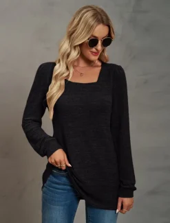 Women's Tunic Cotton Shirt Plain Bohemia Stylish Basic Long Sleeve Puff Sleeve Square Neck Regular Tops Daily Sports Going out Black Pink Purple Green Khaki Spring Fall