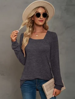 Women's Tunic Cotton Shirt Plain Bohemia Stylish Basic Long Sleeve Puff Sleeve Square Neck Regular Tops Daily Sports Going out Black Pink Purple Green Khaki Spring Fall