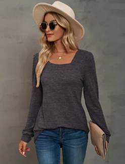 Women's Tunic Cotton Shirt Plain Bohemia Stylish Basic Long Sleeve Puff Sleeve Square Neck Regular Tops Daily Sports Going out Black Pink Purple Green Khaki Spring Fall