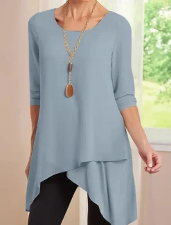 Women's Tunic Long Sleeve Crew Neck Red Blue Khaki Spring Fall