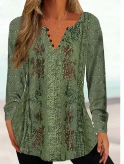 Women's Tunic Shirt Henley Shirt Blouse Tunic Basic Floral Buttons Print Long Sleeve Regular Tops Round Neck Casual Holiday Yellow Pink Green Gray Light Blue Spring & Fall Prefall